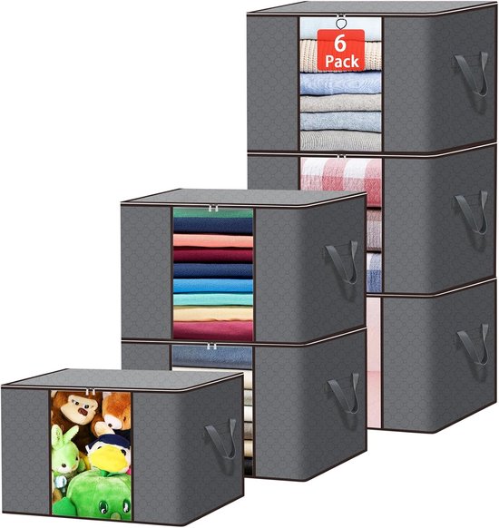 6 stuks 90 l opbergtas, opbergdoos met deksel, groot, onderbed, opbergdoos, opvouwbare opbergdoos met versterkte handgreep voor kleding, dekbedden, deken, grijs