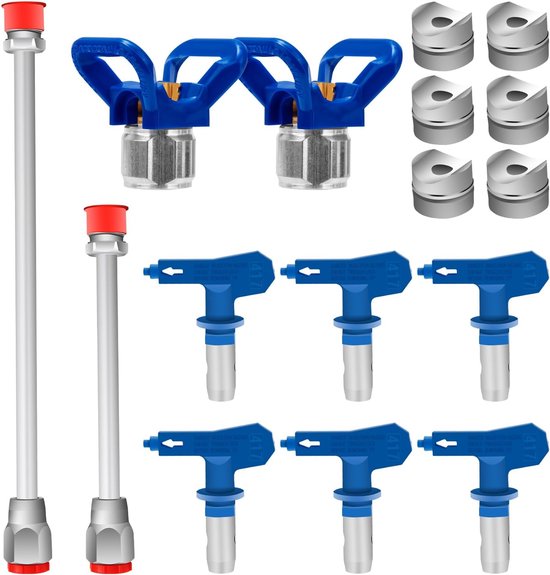 6 stuks airless verfspuitmonden, omkeerbare sproeimachine-punten, airless verfspuitmondstuk, accessoireset voor Airless verfspuitsystemen, 2 verlengstangen, 2 sproeimondstukken, type 211, 315