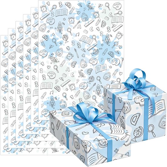6 stuks cadeaupapier voor schoolkinderen, 6 vellen cadeaupapier voor de eerste schooldag, schoolkind, ABC-schooltas, decoratie voor de eerste schooldag, 50 x 70 cm, letterpatroon (blauw)