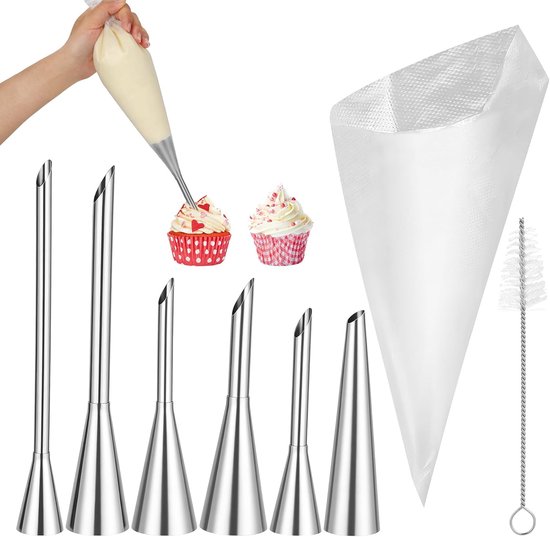 6 stuks crèmespuitmonden met reinigingsborstel, 50 stuks spuitzakken, 6 maten Berlijnse spuitmonden, spuitmonden voor spuitzakken, spuitmonden set voor jam, room, vulling voor windzakken, donuts