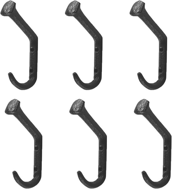 6 Stuks Delige Robuuste Gietijzeren Wandhaken met Ergonomische Kromming Industriële Retro Spijkervormige Kapstokhangers voor Zware Jassen Tassen Keukengerei in Landelijke Stijl