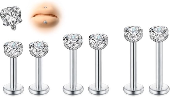 6 stuks draad roestvrij staal Medusa platte achterkant oorbellen, 16G 6/8/10 mm Silver Tragus Cartilage Helix Lip Labret Studs met stalen bal en CZ voor vrouwen mannen forward helix sieraden