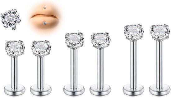 6 stuks draad roestvrij staal Medusa platte achterkant oorbellen, 16G 6/8/10 mm Silver Tragus Cartilage Helix Lip Labret Studs met stalen bal en CZ voor vrouwen mannen forward helix sieraden