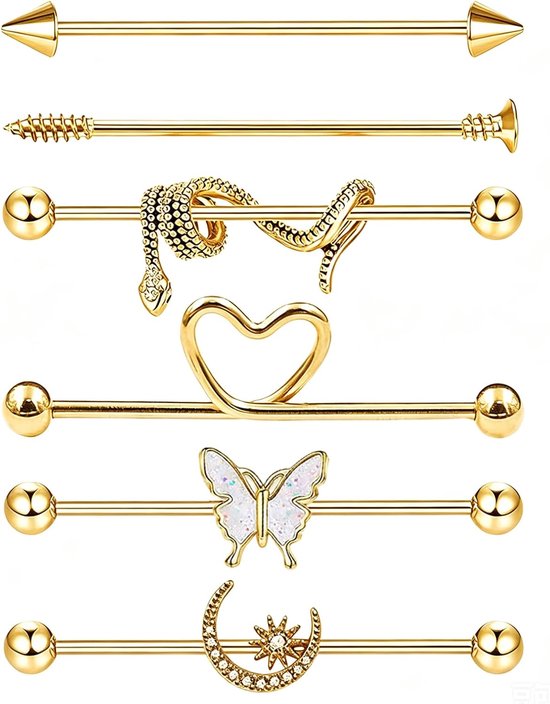 6 stuks industriële piercing oorbellen vlinder, hart, maan oorbellen voor industriële piercings van chirurgisch staal