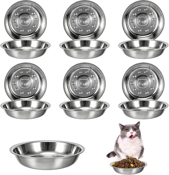 6 stuks kattenbak roestvrij staal kattenbak plat 15 cm | Voederbakset met siliconen pads, antislip, hygiënisch, gemakkelijk te reinigen, kittens, korte poten en kleine honden