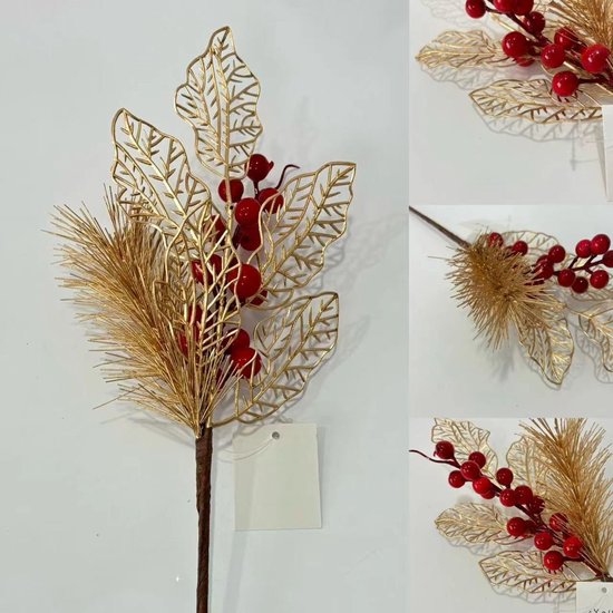 6 stuks kunstdennennaalden, takken, kerstbomen, nep-groenplectrums met rode bessenstengels, kunstgroen, Norfolk dennenstengels, takjes voor doe-het-zelf handwerk, woondecoratie, J