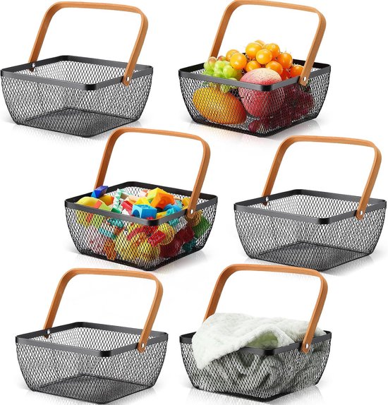 6 stuks metalen gaas stalen mand met handvat kleine winkelmandjes vierkante draad oogst opbergmand voor keuken opslag tuin picknick badkamer organiseren, 20 x 20 x 10 cm (zwart)