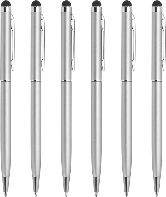 6 stuks metalen styluspen balpen 2-in-1 universeel intrekbare inkt pen met styluspunten voor alle capacitieve touchscreen-apparaten zilver