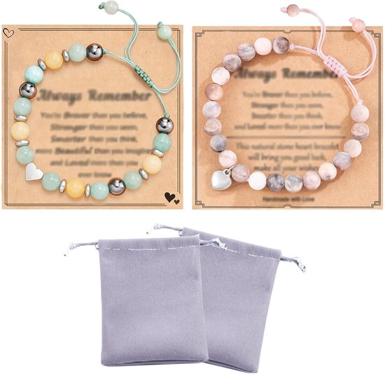 6 stuks natuurstenen armbandenset, armband met hartbedel, delicate Valentijnsdaggeschenken met berichtkaart en opbergtas voor geliefde, vriendin, vrouw, dochter, kleindochter, nichtje en vriend