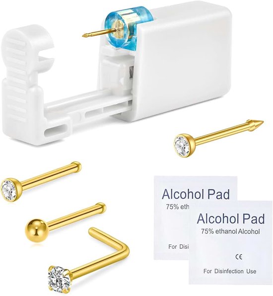 6 stuks neuspiercingset met zilvergouden neuspiercing, 1 pak neuspiercingpistool, wegwerp-neuspiercingkit met rechte L-vormige neusringen, stud witte CZ neuspiercings pistool kit gereedschap