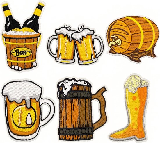 6 stuks Oktoberfest-patches om op te strijken, geborduurde patches, Beierse motieven zoals bier en pretzel, ideale accessoires voor Oktoberfest, lederhose, kleding, rugzak, doe-het-zelf