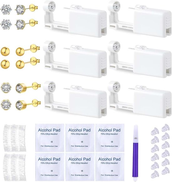 6 stuks oorgatpistool, piercingset, wegwerp-veiligheidsoorbellen, zelf steken, oorgaatjes, zelf stekende set voor meisjes, vrouwen, mannen (goudpatroon, 4 mm)