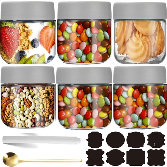 6 Stuks Overnight Oats Pot,Grijze 300ml Overnight havermoutpotten,inmaakpotten met schroefdeksel,voor Overnight Oats Saladepotten Yoghurtpudding Chutney Jam Herbruikbare Glazen Potten