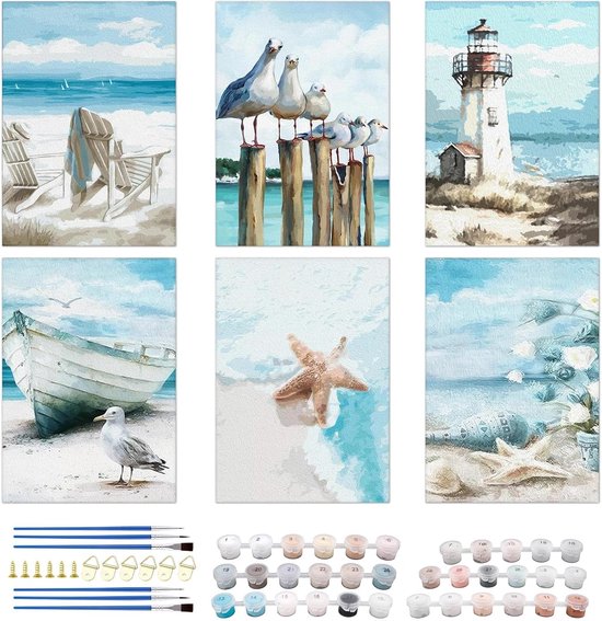 6 Stuks Peinture Numero voor Volwassenen, Eenvoudige DIY Peinture Par Numero, Paint by Numbers Set met Acrylverf en Kwasten, Blauwe Oceaan Thema, Interieurdecoratie, Zonder Lijst (25x35 CM)