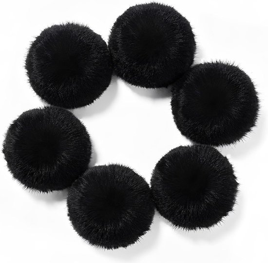 6 stuks pompons van imitatiebont met elastische, 7 cm pompon, zwart