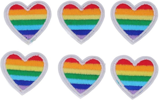 6 Stuks Regenboog Hart Patches met Zwarte Rand, Strijkbare DIY Hartvormige Geborduurde Patches voor Naaien Kleding Reparatie Tassen Hoeden Kinderen Meisjes Knutsel Decoraties (Witte Rand)