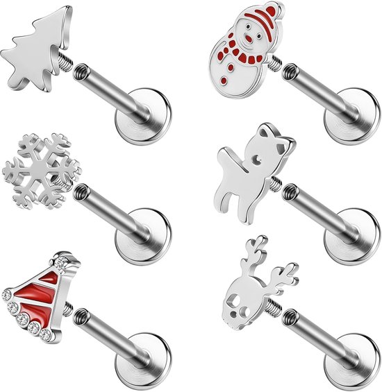 6 stuks roestvrijstalen lippiercing voor kerstman, 16 g, labret, lipringen, asley piercing, lippiercing voor heli, conch, tragus, oorbellen, platte achterkant