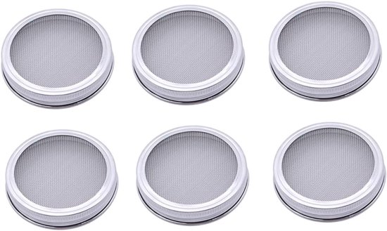 6 Stuks roestvrijstalen zeef staal overnight oats pot bonen scherm deksels vervanging spruiten brede stenen potten kiemdeksels voor potten uitlopende deksels kiemend scherm Zilver