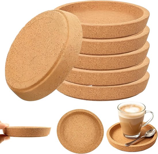 6 stuks ronde kurken onderzetters met rand, 10 cm, extra dikke onderzetters van natuurkurk, herbruikbaar en hittebestendig, voor thuis, op kantoor en in het café