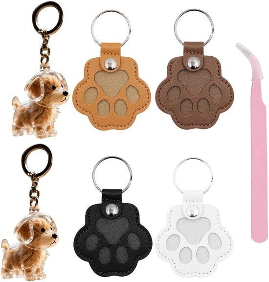 6 stuks sleutelhangers met dierenvacht leer en kunststof voor poot hond kat hanger tas dames met pincet leuke accessoires