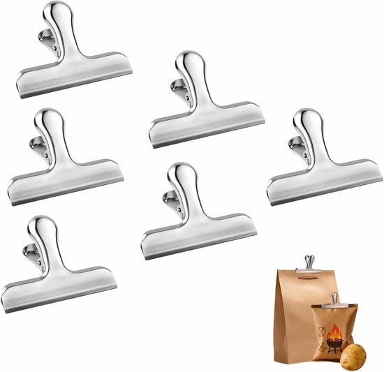 6 stuks sluitklemmen, groot, 78 mm, metalen scharnierclips voor zakjes, klemmen van roestvrij staal, voor keuken, kantoor, school