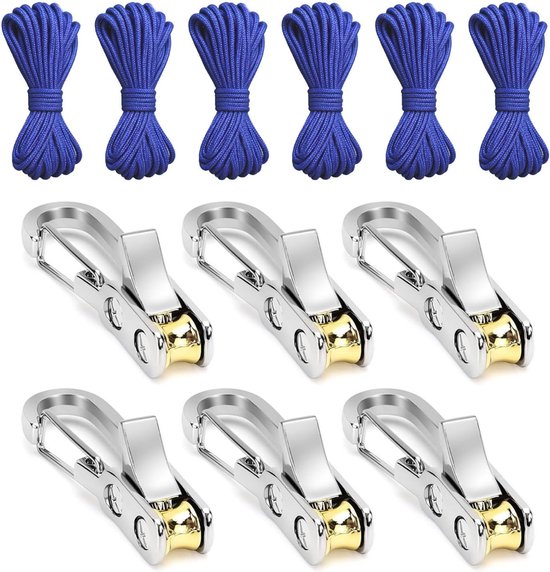 6 stuks touwspanners van metaal + 6 stuks touw 3 mm x 5 m, touwspanner met touwrol, touwspanner camping met gevlochten touw, geschikt voor camping, luifels, boottochten, hangmat, zonder knopen