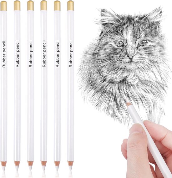 6 Stuks Wit Houten Schets Gum Pen Zacht Niet Giftig voor Fijn Gommen | Esthetisch Gemakkelijk te Dragen en Vast te Houden voor Kunstenaars, Beginners, Schetsen, Hoogglans en Gekleurde Illustraties