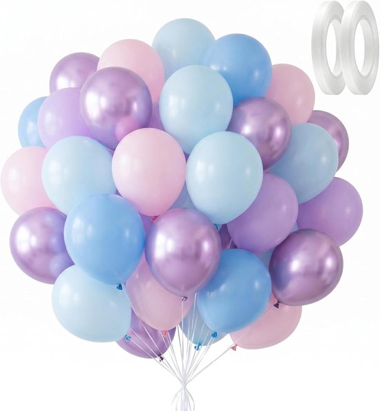 60 stuks ballonnen, roze, blauw, paars, 30 cm, latex ballonnen, metallic ballonnen, pastelkleuren, set voor prinsessen, verjaardag, bruiloft, bruidsfeest, feest, decoratie