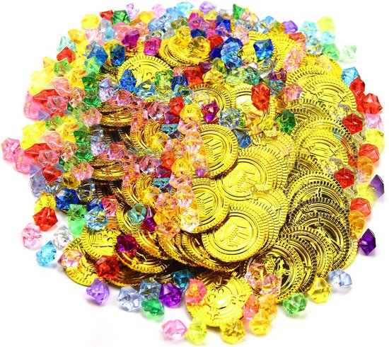 60 stuks gouden munten van piratenschat en 200 stuks piraten sierstenen, gouden munten, piratenspeelgoed, piratenschat van piratenfeesten en verjaardagen, kinderverjaardag, schattenjacht
