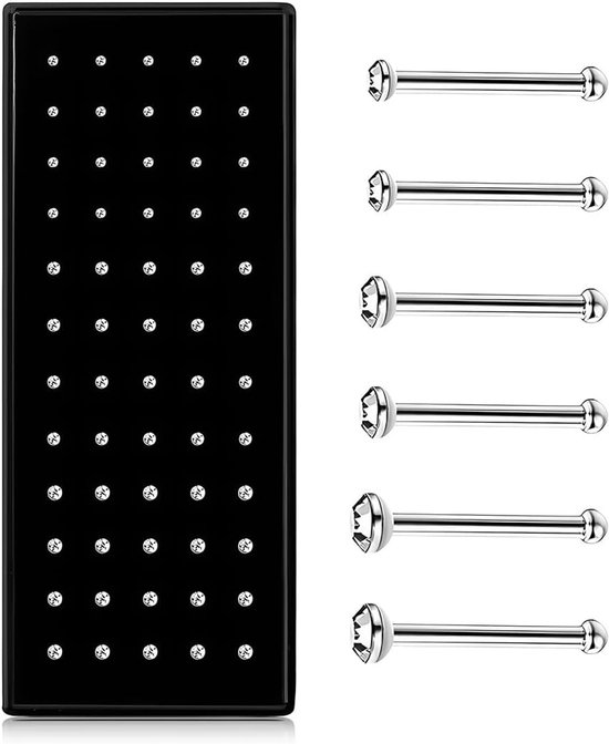 60 stuks kristallen neuspiercing, roestvrij staal, hypoallergene neuspiercing, neusstud-oorbellen