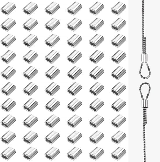 60 Stuks M2 Aluminium Persklemmen, Aluminium Krimphuls met Dubbele Gaten, Draad Touw Mouwen, voor Staalkabel