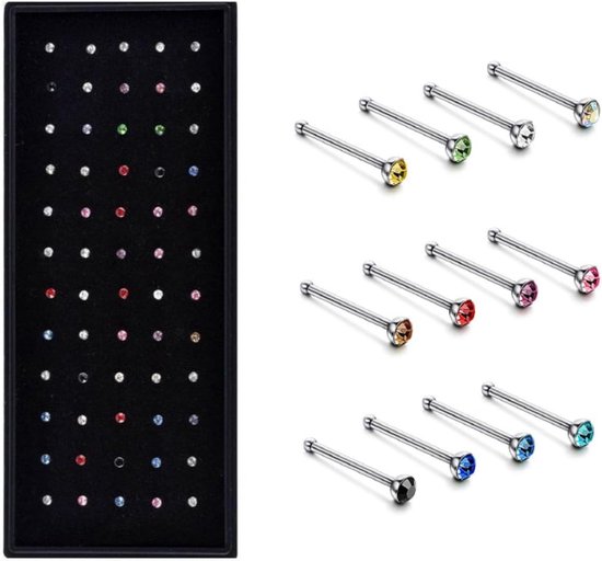 60 stuks, neuspiercing, neuspiercing, chirurgisch staal, neuspiercing, kristallen strass-steentjes, recht, van roestvrij staal, neusring (meerkleurig)