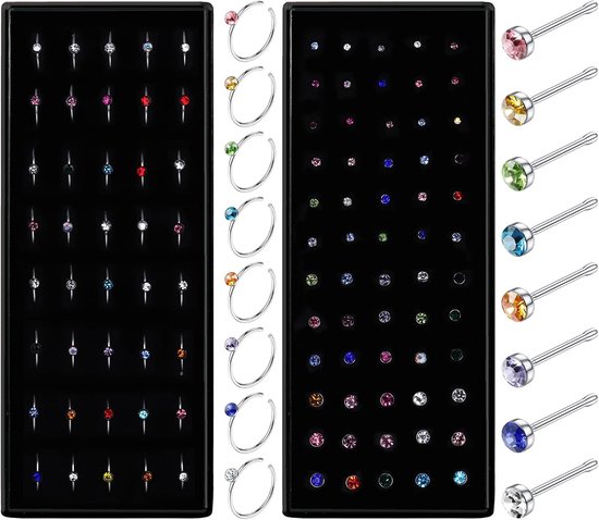 60/100 stuks neuspiercing roestvrij staal L-vorm neuspiercing steker kleine ringen C vorm zilver spiraal neuspiercing met strass rechte neus piercing ringen voor vrouwen mannen 20G