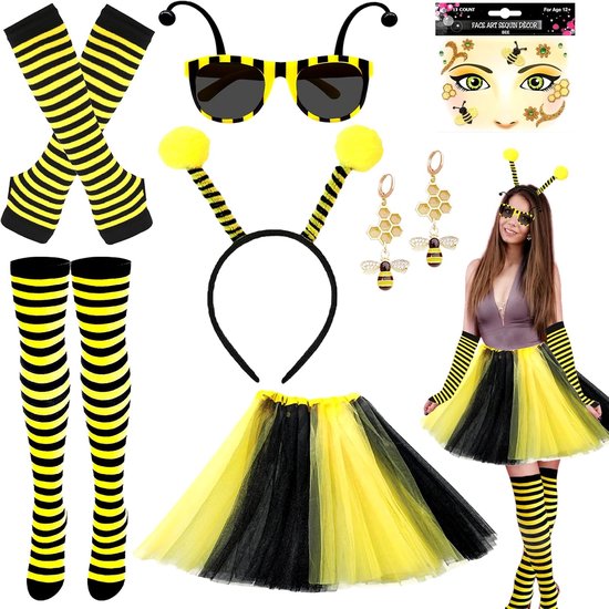 7 stuks bijenkostuum voor volwassenen, voor dames, Hummel, fancy Dress, set met tule rok, hoofdband, gestreepte kousen, handschoenen, gezicht, tattoobril, oorbellen voor carnaval, verkleedpartijen,