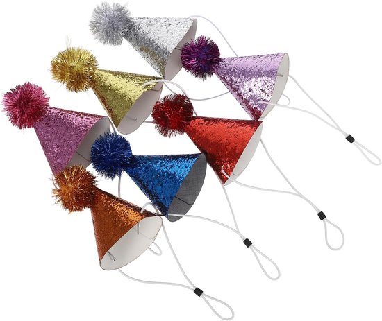 7 Stuks Delige Glitter Feestmuts voor Jongen Meisje Kleurrijke Mini Kegelhoedjes met Pompons voor Verjaardagsfeestjes Fotoshoots Feestdecoratie Comfortabel met Elastische Band