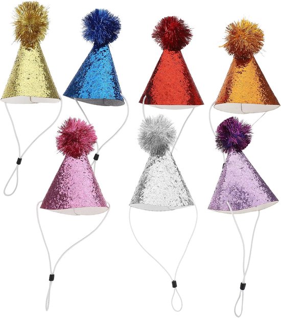7 Stuks Delige Glitter Feestmuts voor Jongen Meisje met Pompons Kleurrijke Mini Kegelhoedjes voor Babyverjaardagen Thematische Partyhoedjes voor Knuffeldieren Feestdecoraties