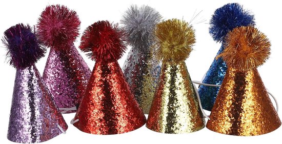 7 Stuks Delige Kleurrijke Glitter Partyhoedjes met Pompom voor Jongen Meisje Verstelbare Elastische Kinband Geschikt voor Verjaardagsfeestjes Dierenfeestjes