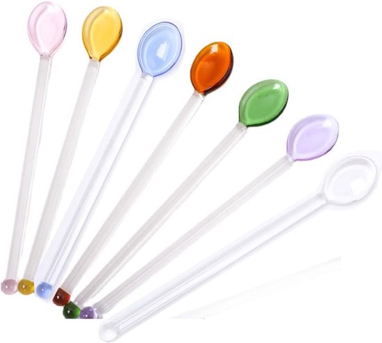 7 stuks hittebestendige glazen gekleurde lepels voor koffie, thee, yoghurt, ijs, cocktails, koude dranken, zout, suiker, voorgerechten, desserts