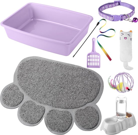 7 stuks kleine kat kitten starterkit kattenbak met schop kattenpoot kattenbak mat dubbele automatische kattenkommen kattenspeelgoed teaser stok kattenhalsband essentiële kits voor 1-3 pond beginner