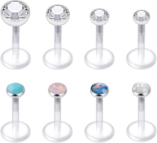 8-18 stuks heldere lippiercing, tragus, helix, oorringen, labret, piercing, steker, flexibel acryl, 16G, met zirkonia, opaal, voor vrouwen en mannen, 6 mm/8 mm/10 mm, Kunststof