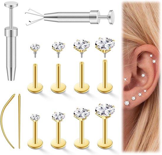 8-delig Set 16G Conch Piercing Goud, 6mm 7mm 8mm Oorbellen met Medisch Staal, Tragus Helix Lip Piercing Set voor veilige Draagcomfort