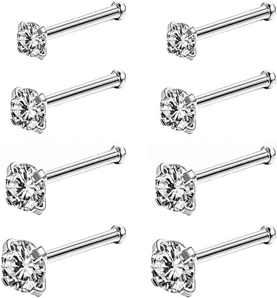 8 neuspiercings, zilver, staal 316L, diameter 1,5-3,0 mm, voor neus en kraakbeen