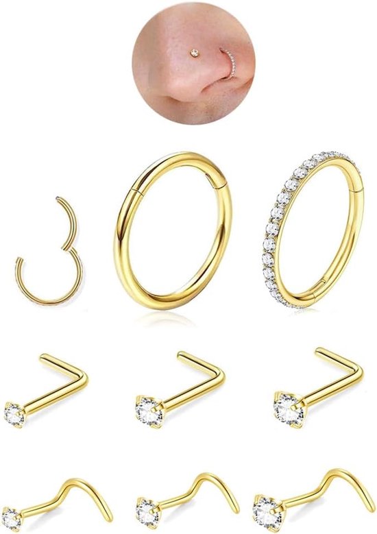 8 STKS Hypoallergene Titanium Neus Ring Stud, Gouden Neus Hoop voor Vrouwen Mannen Zilveren Dunne Neus Ringen L-Vorm Kurkentrekker CZ Dunne Neus Piercing Sieraden 2mm/2.5mm/3mm Kleine Neus Studs