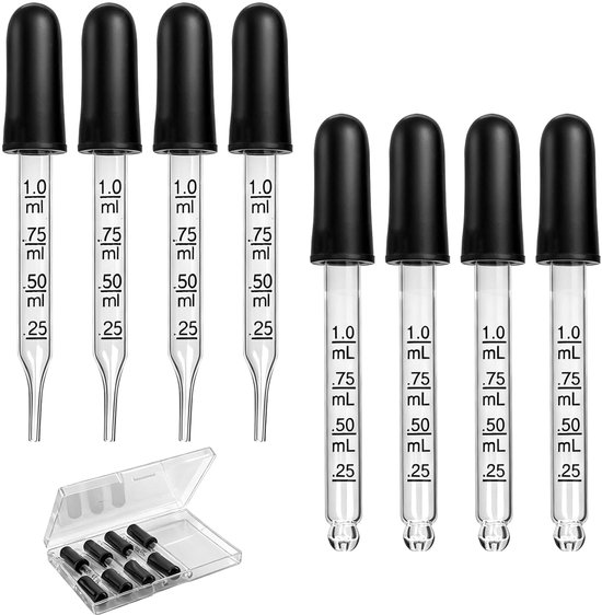 8 stuks 1 ml glazen pipet, glazen druppelaar met metingen pipetdruppelaar met rubberen kop, pipet druppelaar voor etherische oliën in laboratorium (2 uitvoeringen)
