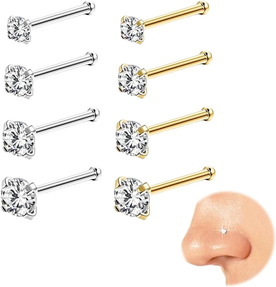 8 stuks 316L neuspiercing pluggen, helix en neusvleugel, 1.5-3mm staalkleurig en goudkleurig