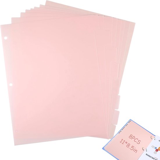 8 stuks A4 roze plastic bindmiddelverdelers met 8 lipjes, 3-ring inbrengbare schrijfverdelers voor school, kantoor, huiswerk, notitieboeken en mappenorganisatie