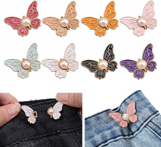 8 stuks afneembare jeansknopen, verstelbare taillespanner in vlindervorm, decoratieve gespen, zonder naden en zonder gereedschap, legering, 35 x 28 mm, meerkleurig
