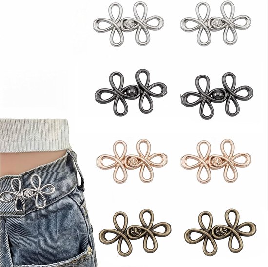 8 stuks broek strakker maken clips, broekband strakker maken, vierklaver jeansknopen zonder naaien voor broekverkleining, verstelbare taille pin voor jeans, broeken en rokken, metalen