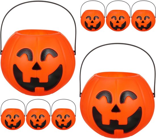 8 Stuks Delige Halloween Pompoenemmer met Handvat Duurzame Plastic Snoepemmers met Compacte Lantern Containers voor Feesttraktaties Decoratie