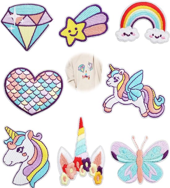 8 stuks Dreamy eenhoorn strijkbeelden regenboog sterren hart vlettering diamant naaien op borduurde stickers patch doe-het-zelf ambacht accessoires voor kinderen meisjes kleding rugzak